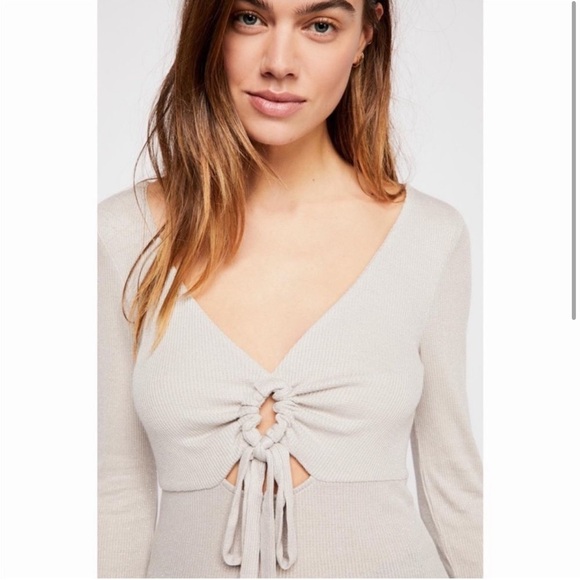 Free People Say When Long Sleeve Top Waffle Weave Cream Metallic Gold Size L - Picture 4 of 10